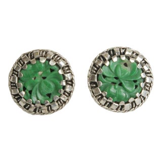 Vintage 60's Sterling Silver and Green Jade Pierced Button Stud Earrings For Sale