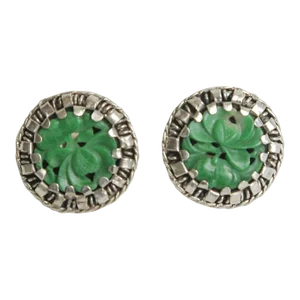 Vintage Sterling Silver and Green Jade Pierced Button Stud Earrings 70's Pair Of