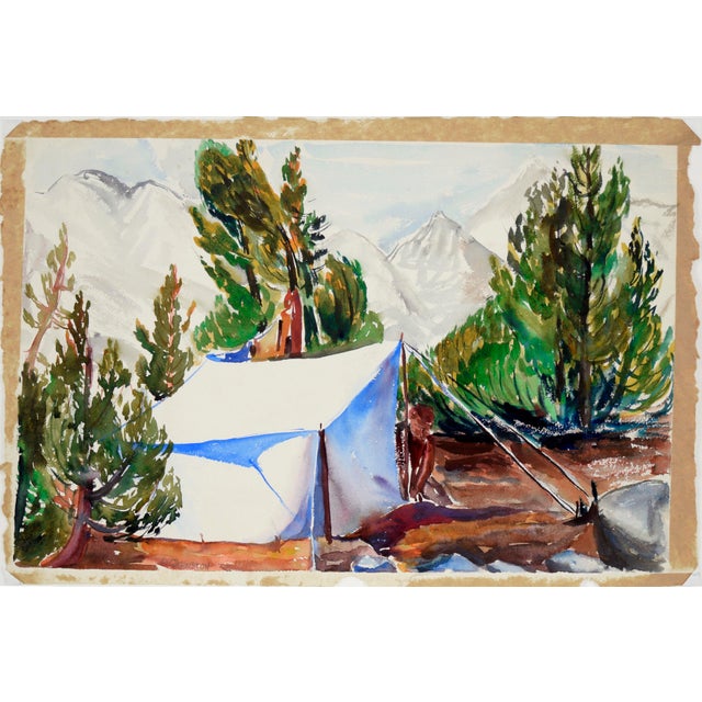 Staking a Tent, Modernist Landscape in Watercolor on Paper A vibrant watercolor landscape with a person staking a tent...