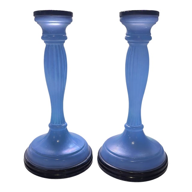 .Vintage 1930s Blue Depression Glass Candlestick Holders – Elegant Pair For Sale