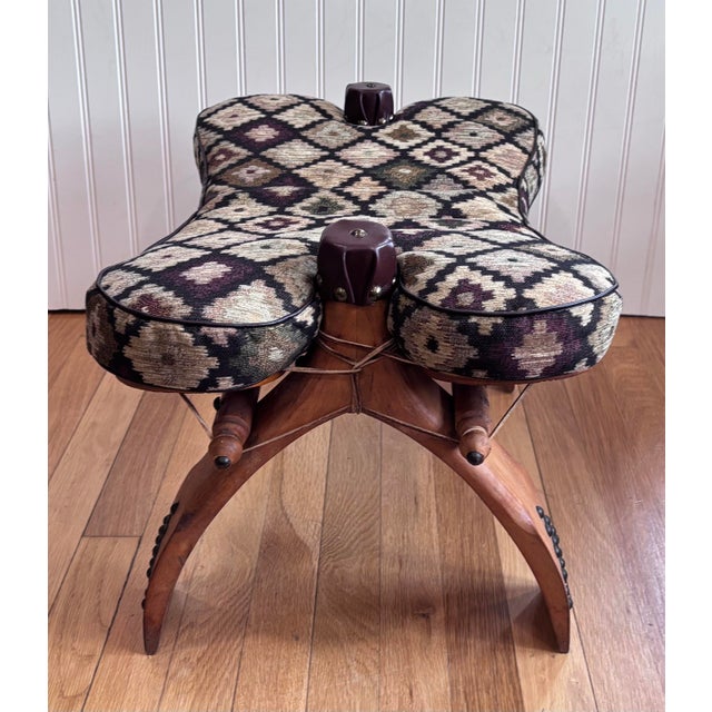 Mid 20th Century Vintage Moroccan Camel Saddle Footstool With New Southwest Upholstery For Sale - Image 5 of 12