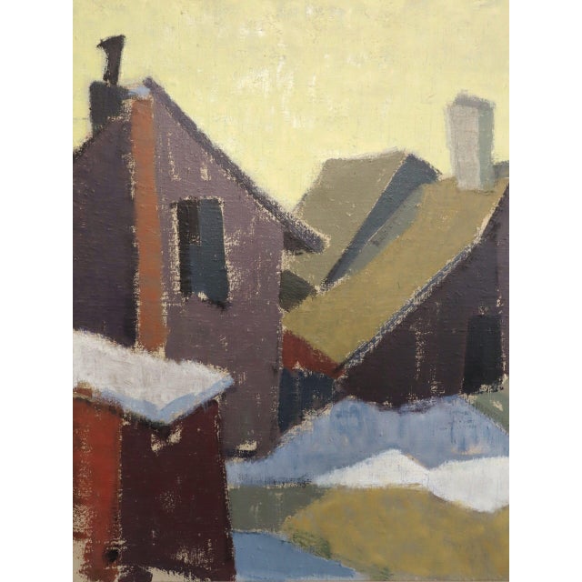 Mid-Century Modern 'Houses in Snow' Vintage Street Scene Oil Painting by Finnish Artist Paavo Airola (1918 – 1983), Framed For Sale - Image 10 of 13