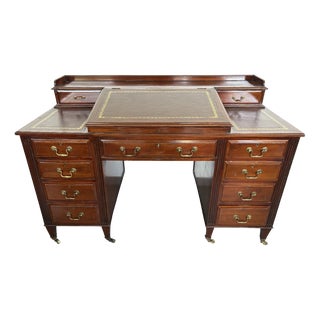 Vintage Mahogany Partners Desk with Leather Inlay and Brass Hardware For Sale