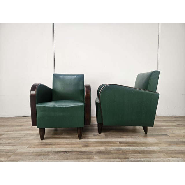 Art Deco Club Chairs in Walnut and Green Eco-Leather, 1940, Set of 2 For Sale - Image 4 of 18