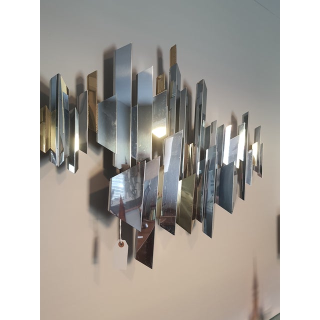 Vintage Mid Century Abstract Chrome and Brass Cityscape Wall Sculpture By Curtis Jere Circa 1970's