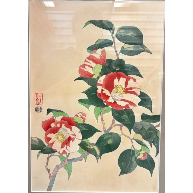 Vintage Japanese woodblock print “Camellia” by Kyoto artist Nisaburo Ito (1905–2001), published by Uchida Art Co., circa...