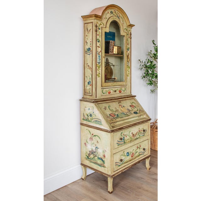 French Country Mid 20th Century Venetian Style Folk Art Cabinet | Painted Bureau With Glass Door & Drop Front For Sale - Image 3 of 6