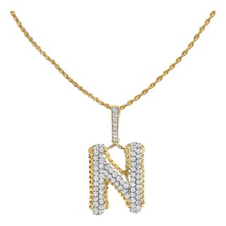 Men's 10K Yellow Gold 1 1/2 Cttw Diamond Letter N Initial Pendant Necklace For Sale