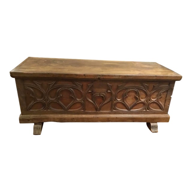 Antique Carved Wood Trunk For Sale