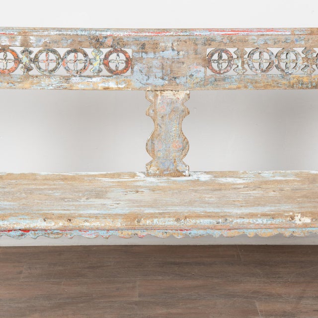 19th Century Hungarian Original Hand Painted Peg-Leg Oak Bench For Sale - Image 14 of 17