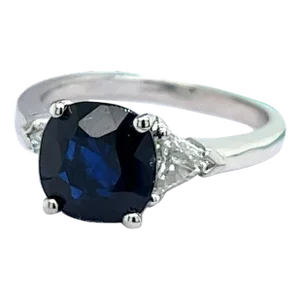 GIA Certified No Heat Blue Sapphire & Trillion Cut Diamond 3-Stone Ring, Size 6.75
