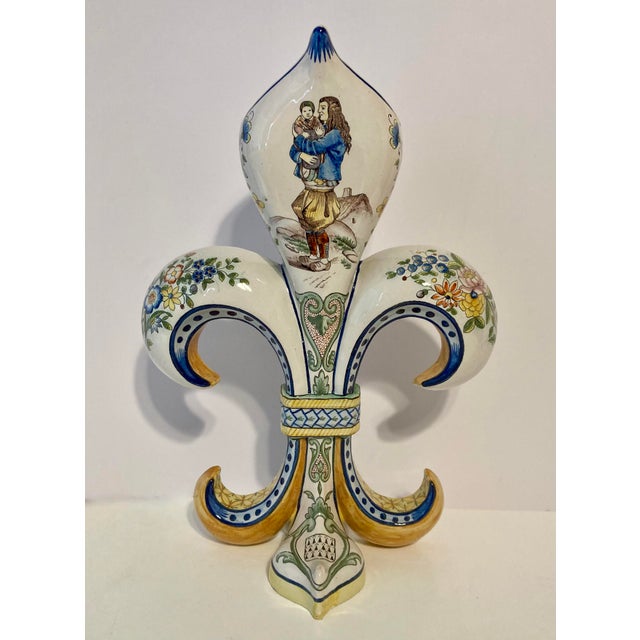 Antique Large Pair of French Hb Quimper Fleur De Lys Vases For Sale - Image 11 of 18