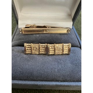 Rare Monsiuer Vintage Christian Dior Gold Plate Cufflinks & Tie Clip In Original For Sale