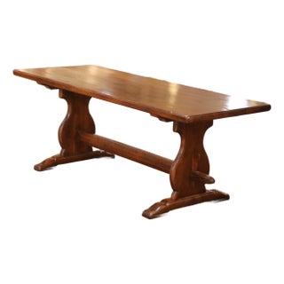 19th C. French Elm Refectory Farm Table With Trestle Base and Cross Stretcher For Sale