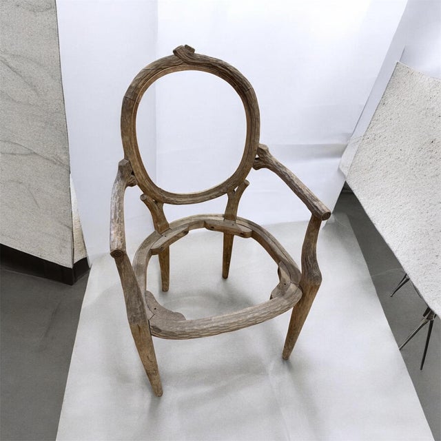 Textile Pair of Vintage Louis XVI Style Hand-Carved Faux Bois Wood Armchairs – Upholstery Ready For Sale - Image 7 of 10