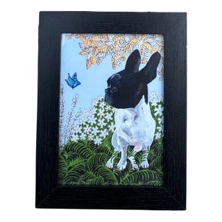 Contemporary Original Frenchie With Butterfly Small Dog Print by Judy Henn Tabletop Frame For Sale