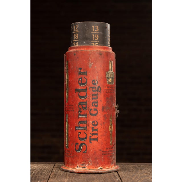 Industrial Antique "Schrader" Tire Gauge Tin Litho Countertop Point-of-Sale Display For Sale - Image 3 of 7