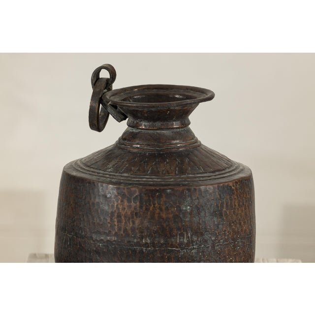 Hand-Hammered Indian Metal Milk Jug with Ring Handle, Vintage For Sale - Image 4 of 18