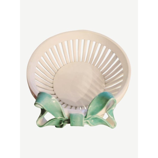2000 - 2009 Vintage Italian Round Tiffany Blue Ceramic Ribbon Bow Front Decorative Bread Serving Bowl For Sale - Image 5 of 6
