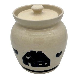 1980s Marshall Pottery Vintage Crock With Lid Blue and White For Sale