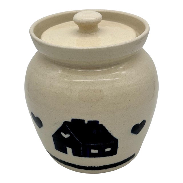 1980s Marshall Pottery Vintage Crock With Lid Blue and White For Sale