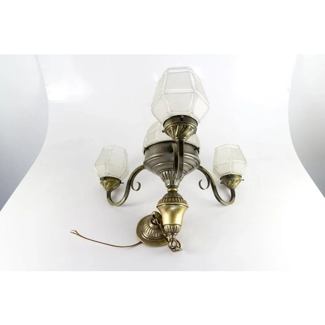 Art Deco French Brass & Frosted Glass 4-Light Chandelier, 1920s For Sale - Image 15 of 18