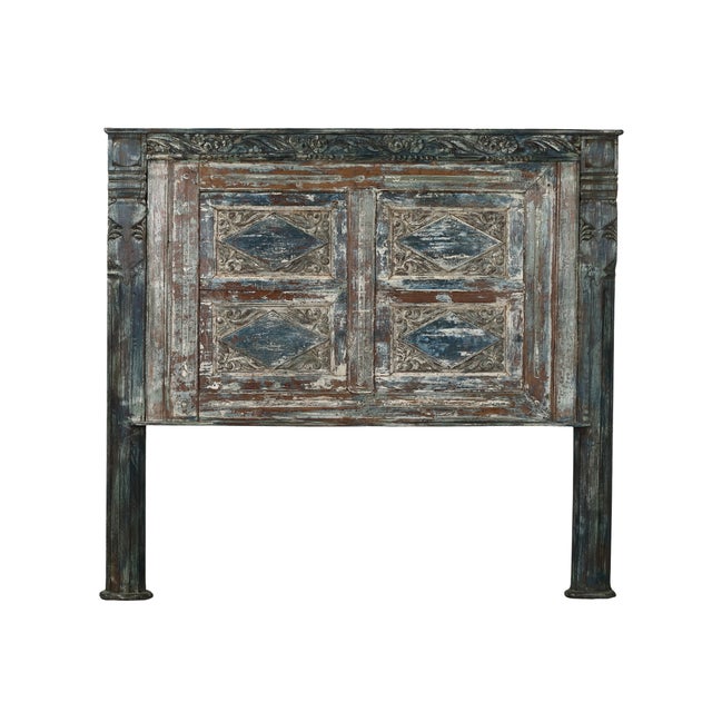 Queen Size Headboard Made From an Antique Indian Painted Teakwood Window and Pillars For Sale - Image 4 of 5