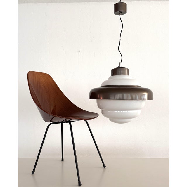 Vintage Italian White Glass Pendant Light with Aluminum Ring, 1980s For Sale - Image 11 of 15