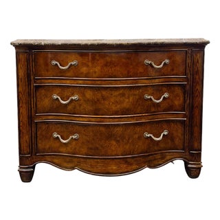 1980s Henredon French Provincial Burl Walnut Three-Drawer Marble Top Serpentine Commode Chest / Dresser For Sale