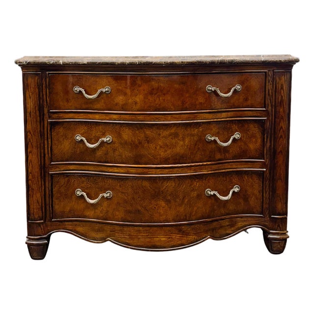1980s Henredon French Provincial Burl Walnut Three-Drawer Marble Top Serpentine Commode Chest / Dresser For Sale