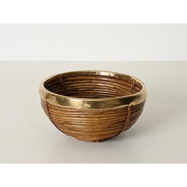 Wood Decorative Bowl in Rattan and Brass, Italy, 1960s For Sale - Image 7 of 11