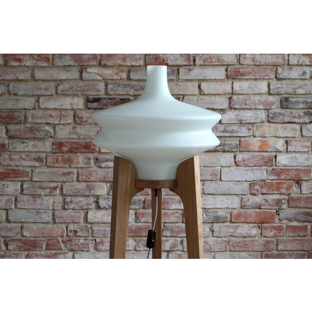 1960s Space Age Floor Lamp with White Glass Lampshade and Wooden Tripod Base, Czechoslovakia, 1960s For Sale - Image 5 of 8