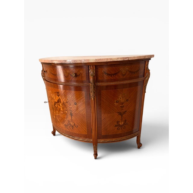 Neoclassical Late 20th Century Italian Neoclassical Inlaid Demilune Marble-Top Cabinet Console For Sale - Image 3 of 10
