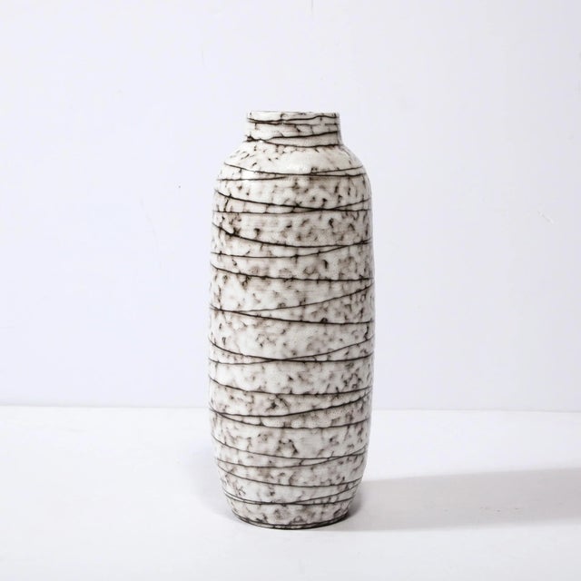 1960s Mid-Century Modernist White and Earth Toned Horizontally Striated Ceramic Vase For Sale - Image 5 of 13