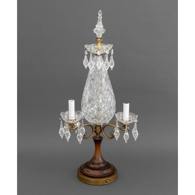 Neoclassical Style Cut Crystal Tear Drop Form Table Lamp, brass three-branch lights with cut-crystal drop prisms above...