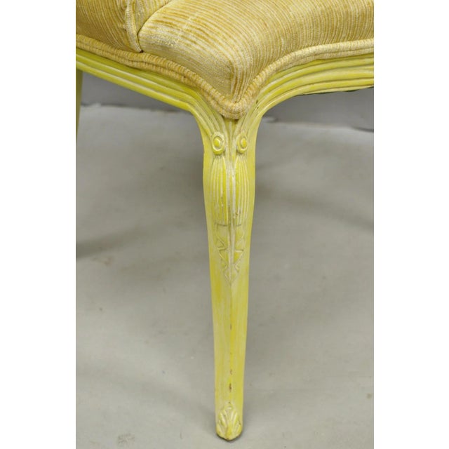 Wood Vintage French Hollywood Regency Yellow Tufted Drape Carved Side Chairs - A Pair For Sale - Image 7 of 16