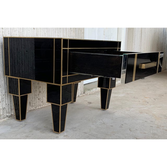 Metal New Pair of Mirrored Low Nightstand in Black Mirror and Chrome With Drawer For Sale - Image 7 of 11