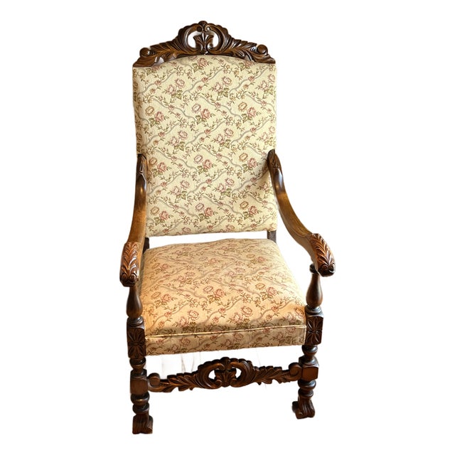Late Victorian Jacobean Revival Hand-Carved Walnut Armchair, Circa 1890–1910 For Sale