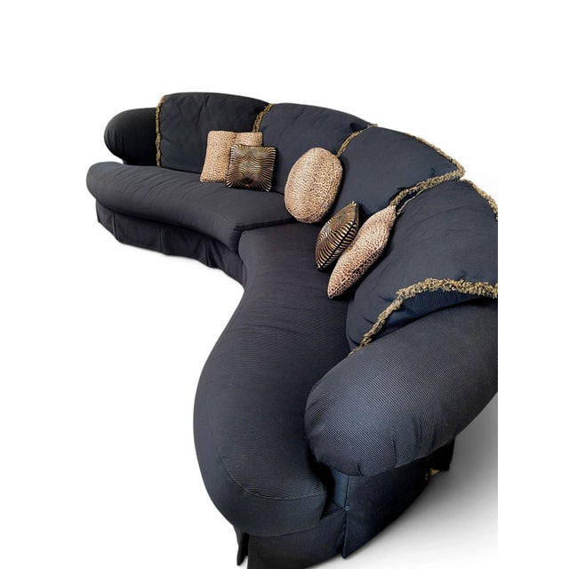 1980s Postmodern Serpentine Curved Two-Piece Sectional Sofa, Ribbed Black Upholstery For Sale - Image 15 of 17