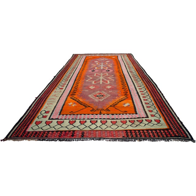 Textile Authentic Turkish Kilim, Vintage Orange Hallway Runner, Tribal Rug, Handwoven Wool Tapestry, Mid Century Modern Floor Decor - 5′3″ X 11′5″ For Sale - Image 7 of 14