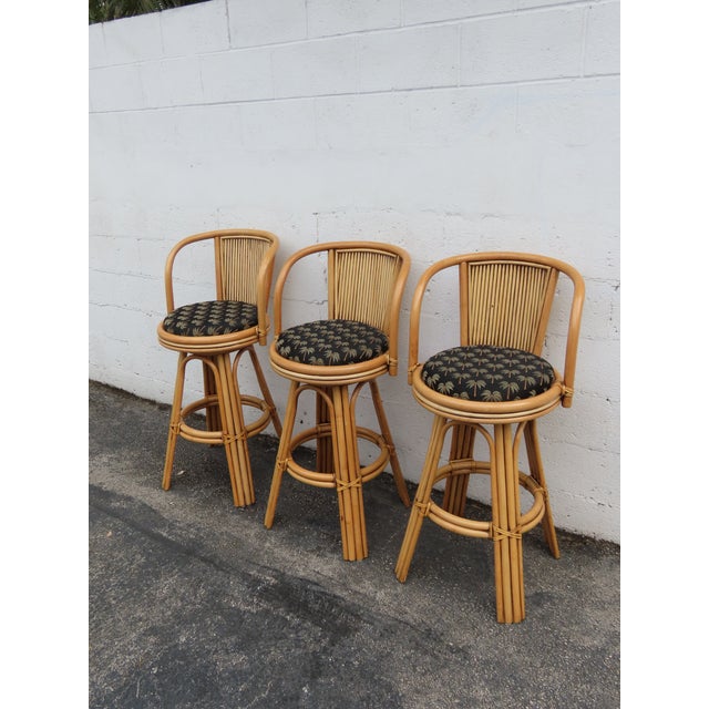 Hollywood Regency Hollywood Regency Swivel Bamboo Rattan Barstools a Set of Three 6380 For Sale - Image 3 of 17