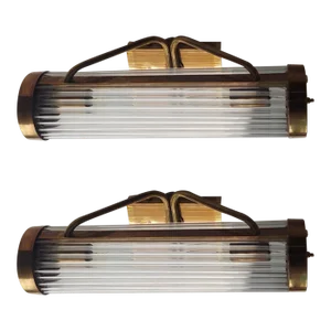 Vintage Art Deco Skyscraper Rod Ship Wall Sconces Fixtures in Brass & Glass - a Pair