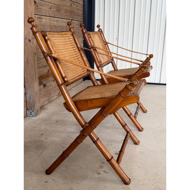 Mid-20th Century English Campaign Faux Bamboo Folding Sling Armchairs With Cane Seats – Pair For Sale - Image 12 of 12
