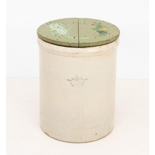 Robinson Ransbottom Stoneware 15 Gallon Covered Crock, with hand-painted fruit motif green ground wood lid, marked with...