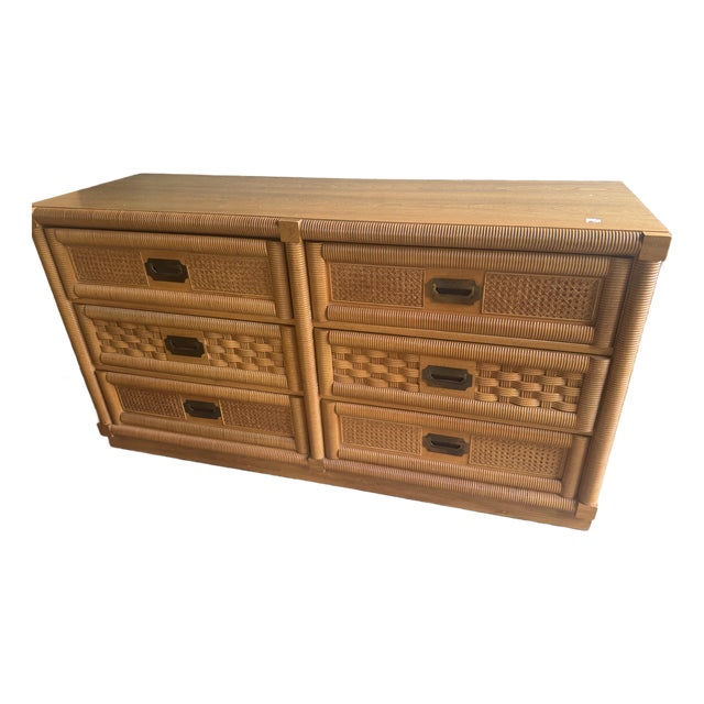 1970s Dixie Wicker Weave Wooden Double Dresser For Sale