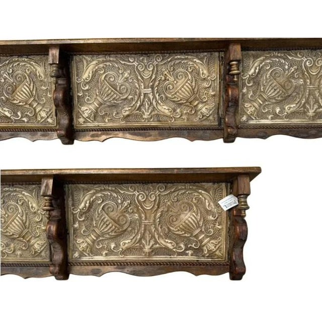Pair of Vintage 79" Long/Wide Distressed Wood & Pressed Tin Architectural Wall Shelves For Sale - Image 11 of 15