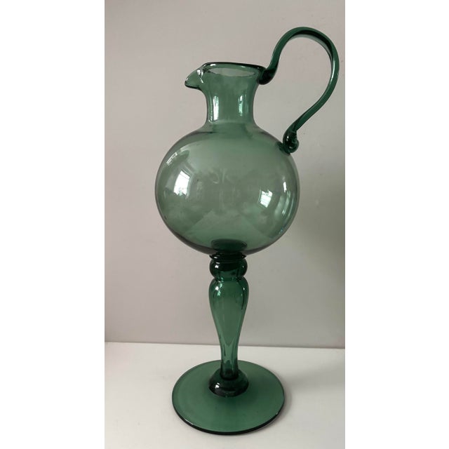 Mid-Century Modern Rare 15" 1930s Empoli Verde Italian Hand-Blown Glass Pedestal Ewer Pitcher For Sale - Image 3 of 12