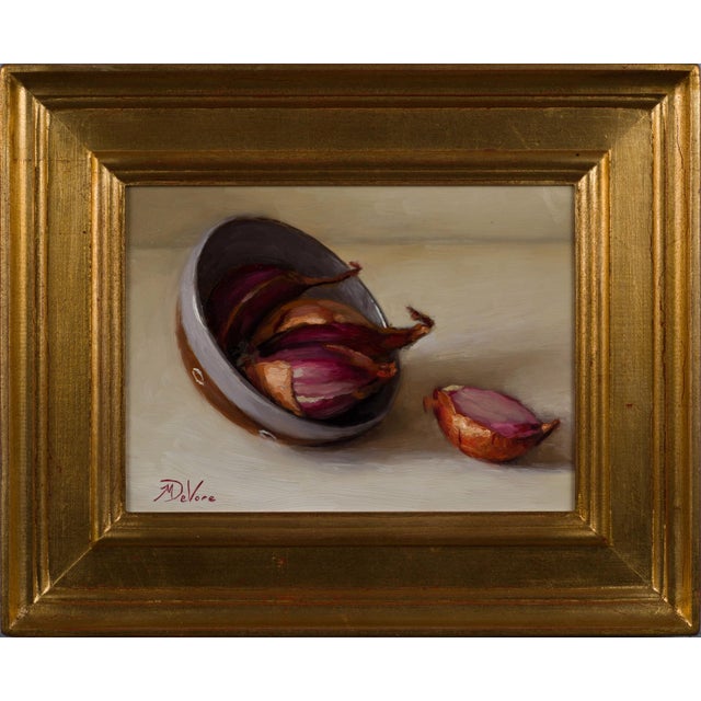 This artwork depicts a small bowl of spilled shallots, their rich, reddish-brown skins contrasting beautifully against a...