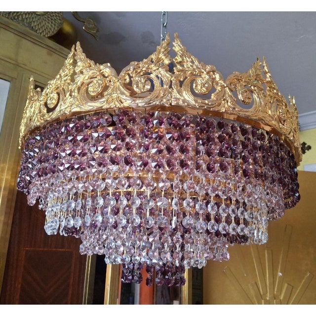 Designer 1960's Large Empire 24k Gold Plated Bronze W/ Amethyst Cut Crystal 8 Tier Semi Flush Mount/ Chandelier by Palme & Walter/ Palwa For Sale - Image 14 of 18