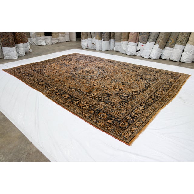 Textile 1920s Antique Persian Mashad Tan Handmade Rosette Motif Wool Rug For Sale - Image 7 of 16